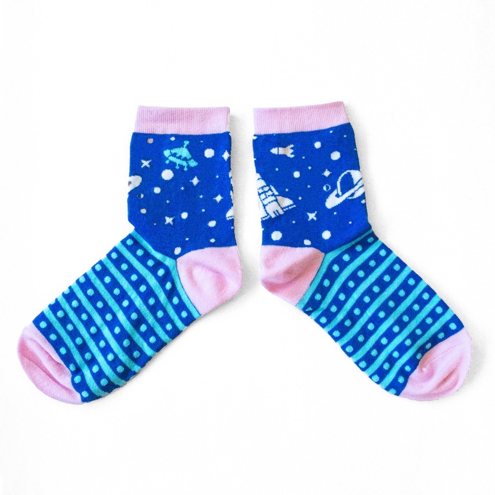 Blue and pink space crew socks